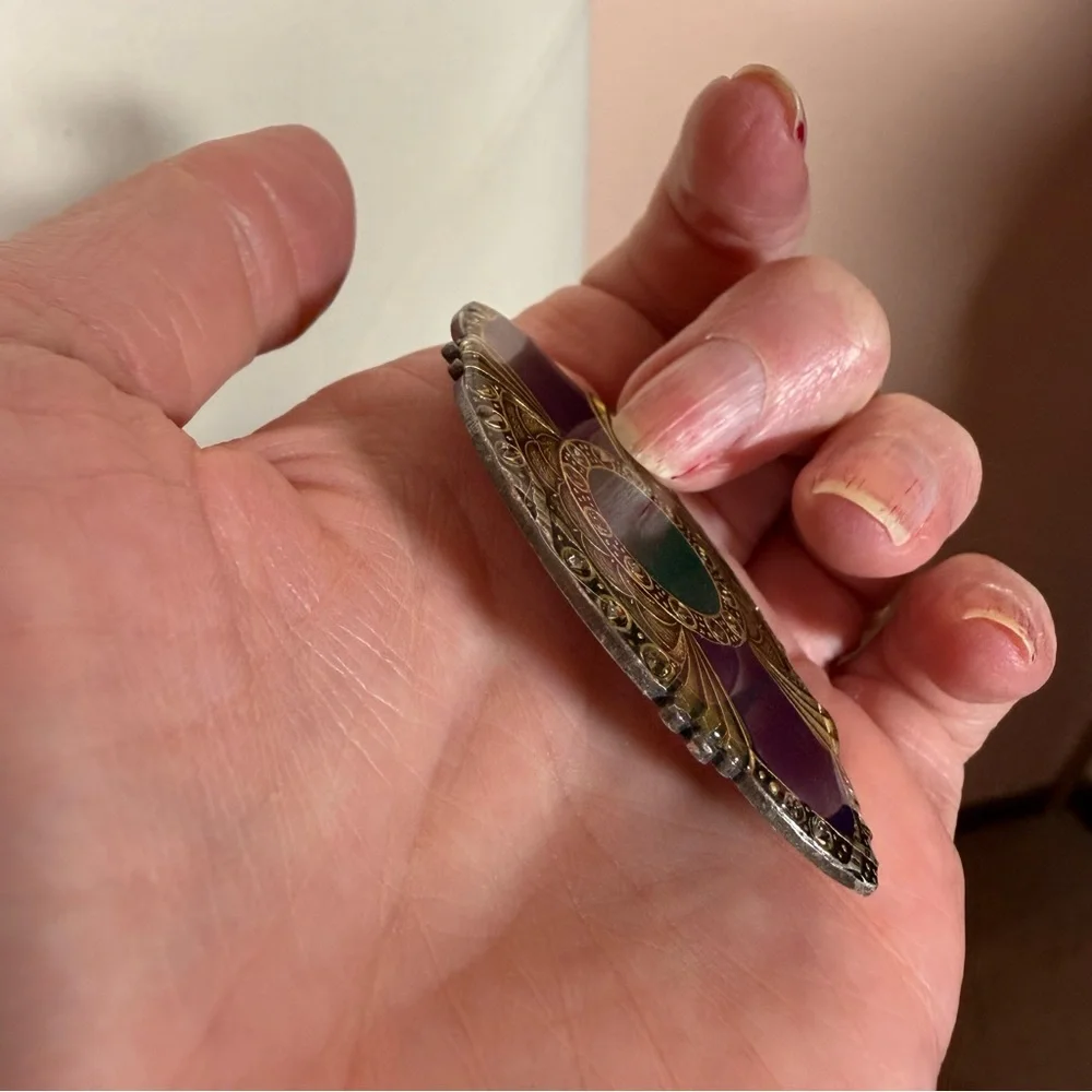 Catherine Popesco France Art deco brass purple green enameled Brooch